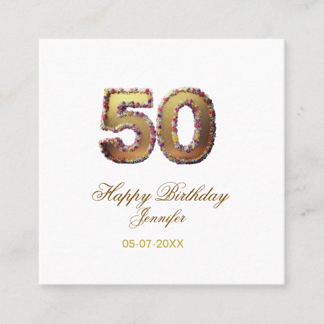Tarjeta De Visita Cuadrada 50th birthday add name date year gold floral bold  (Anverso)