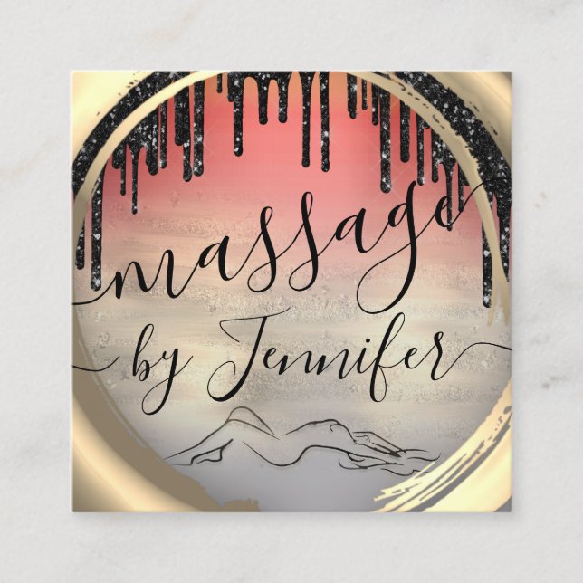 Tarjeta De Visita Cuadrada 6 Punches Masaje Spa Wellness Estudio Único Oro (Anverso)