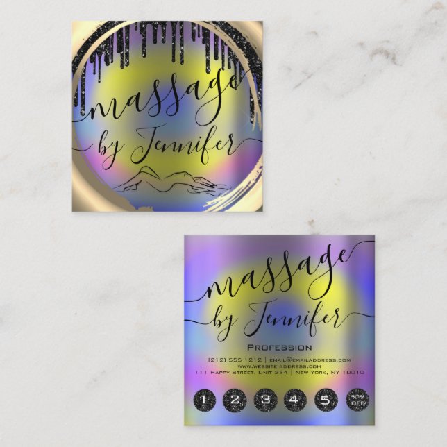 Tarjeta De Visita Cuadrada 6 Punches Masaje Spa Wellness Studio Gold Framed (Anverso / Reverso)