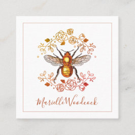 Tarjeta De Visita Cuadrada Abeja De Miel Dorada Y Laurel Rosa