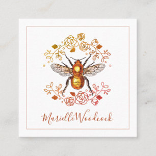 Tarjeta De Visita Cuadrada Abeja De Miel Dorada Y Laurel Rosa
