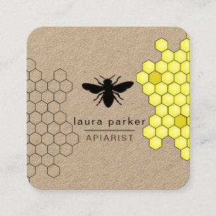 Tarjeta De Visita Cuadrada Abeja Vendedor de miel Apiarista Hexágono Amarillo