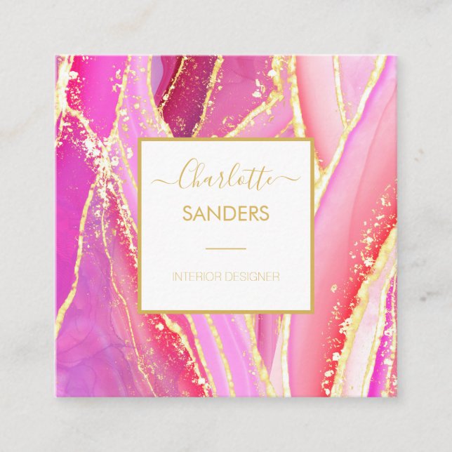 Tarjeta De Visita Cuadrada Abstract Pink Watercolor Gold Splatt (Anverso)