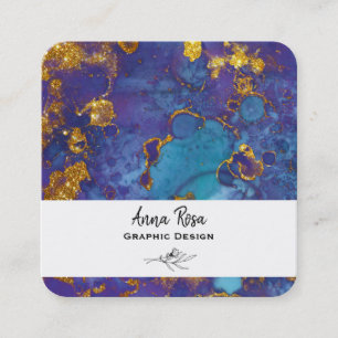 Tarjeta De Visita Cuadrada *~* Ácido azul dorado mármol abstracto orgánico