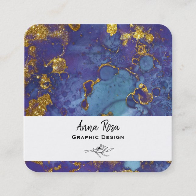 Tarjeta De Visita Cuadrada *~* Ácido azul dorado mármol abstracto orgánico (Anverso)