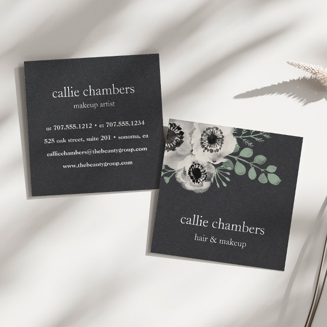 Tarjeta De Visita Cuadrada Acuarela Anemona y Eucalyptus Floral (Subido por el creador)