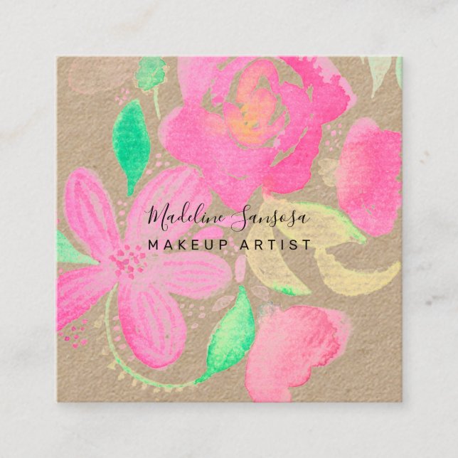 Tarjeta De Visita Cuadrada Acuarela artificial de maquillaje Floral rosa botá (Anverso)