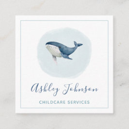 Tarjeta De Visita Cuadrada Acuarela Azul Bebé Ballena Niñera Cuidados para Ni