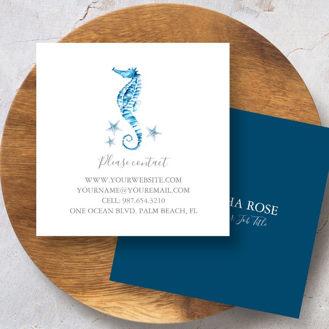 Tarjeta De Visita Cuadrada Acuarela azul costera Hija mareal Personalizado St (business card seahorse and starfish)