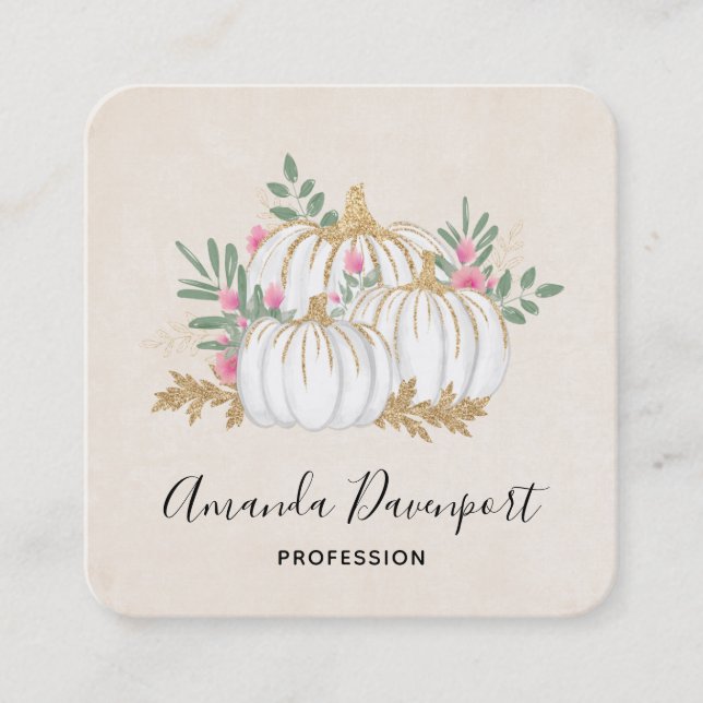 Tarjeta De Visita Cuadrada Acuarela de calabazas blancas y doradas (Anverso)