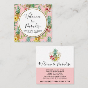 Tarjeta De Visita Cuadrada Acuarela de las flores de la piña y del hibisco