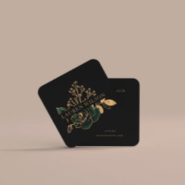 Tarjeta De Visita Cuadrada acuarela de oro esmeralda elegante floral