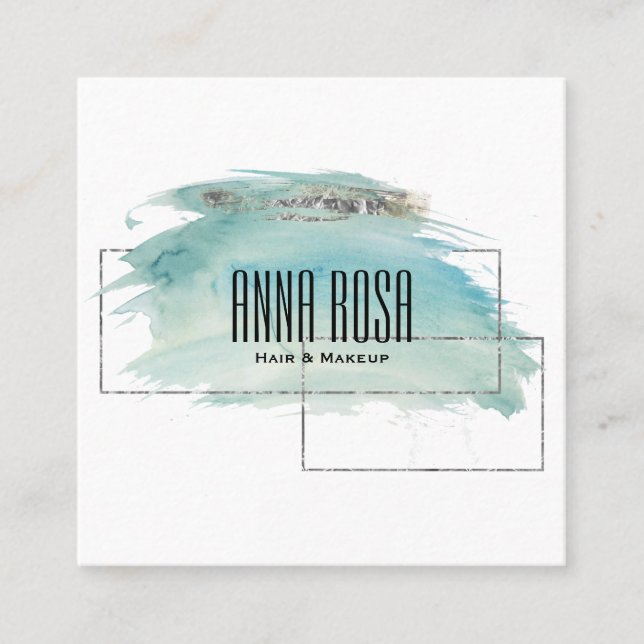 Tarjeta De Visita Cuadrada Acuarela de plata geométrica de la turquesa del (Anverso)