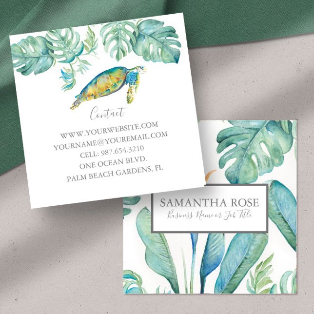 Tarjeta De Visita Cuadrada Acuarela de tortuga marina Vegetación tropical (template business cards tropical watercolor sea turtle and palm leaves Do Tell A Belle)