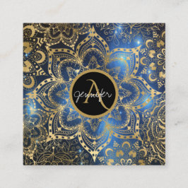 Tarjeta De Visita Cuadrada acuarela dorada y nebulosa mandala azul