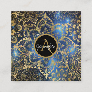 Tarjeta De Visita Cuadrada acuarela dorada y nebulosa mandala azul