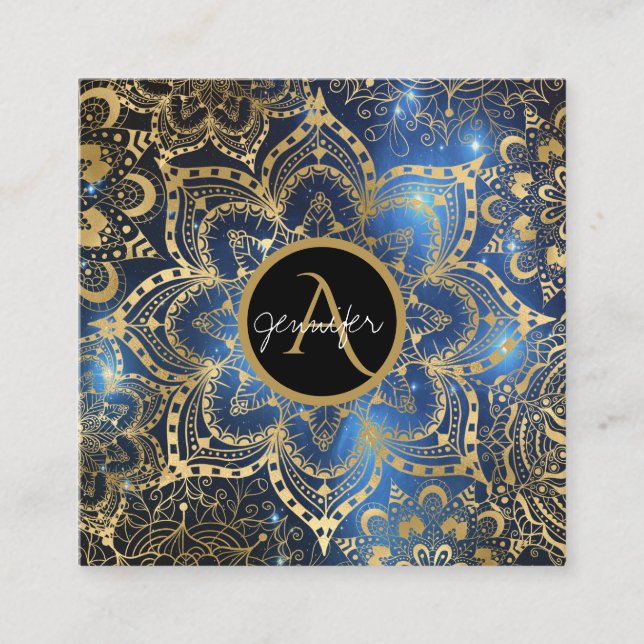 Tarjeta De Visita Cuadrada acuarela dorada y nebulosa mandala azul (Anverso)