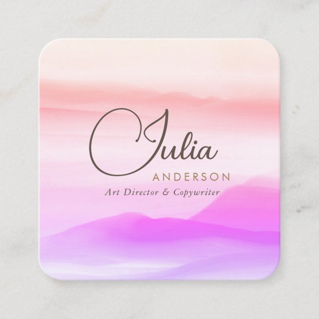 Tarjeta De Visita Cuadrada Acuarela dorada y rosa pastel holografía Script (Anverso)