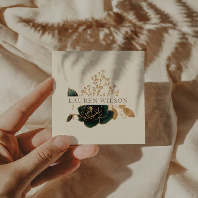 Tarjeta De Visita Cuadrada Acuarela Dorado Esmeralda Elegante Floral (Subido por el creador)