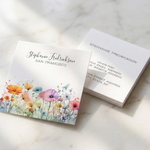 Tarjeta De Visita Cuadrada Acuarela Elegante Caligrafía de Flor Silvestre