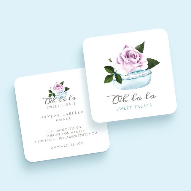 Tarjeta De Visita Cuadrada Acuarela Floral Azul Macaron Panadería y Dulces (Subido por el creador)