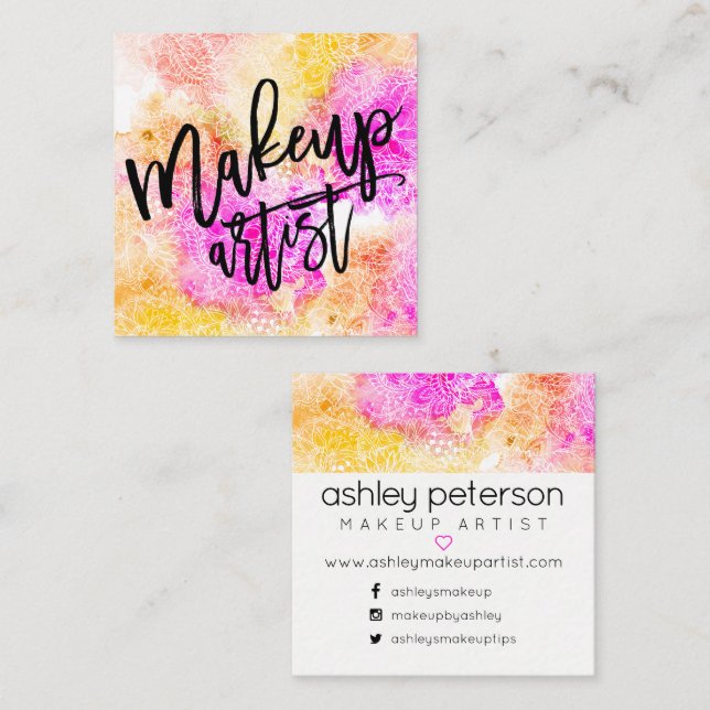 Tarjeta De Visita Cuadrada Acuarela floral del amarillo del rosa de la (Anverso / Reverso)