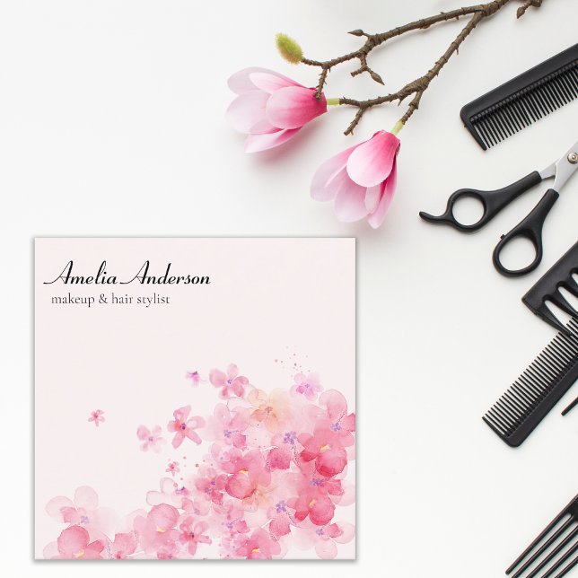Tarjeta De Visita Cuadrada Acuarela Floral Maquillaje Rosa Artista Hair Styli (Subido por el creador)