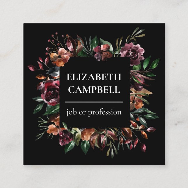 Tarjeta De Visita Cuadrada Acuarela floral moody| Negro (Anverso)
