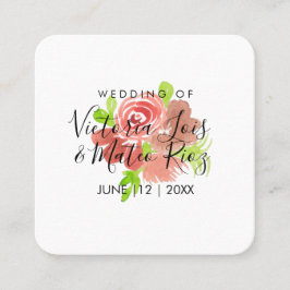 Tarjeta De Visita Cuadrada Acuarela Floral Rosa Beige Rubor Hoja Boda 