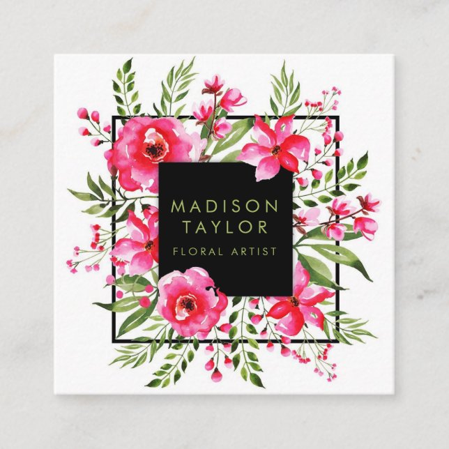 Tarjeta De Visita Cuadrada Acuarela floral rosa | Diseño floral (Anverso)