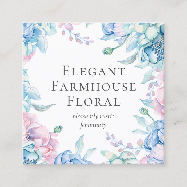 Tarjeta De Visita Cuadrada Acuarela Floral y Peonía de Madera Rústica para Re (Anverso)