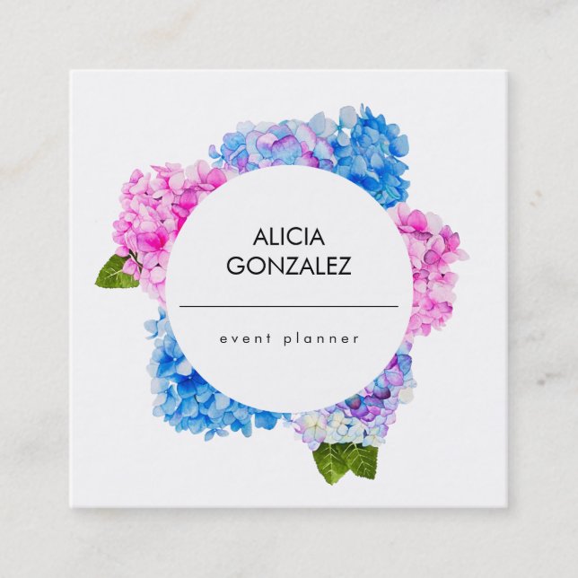 Tarjeta De Visita Cuadrada Acuarela Hidrangea (Anverso)