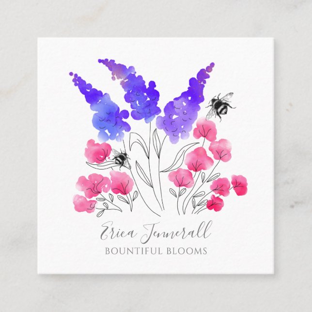 Tarjeta De Visita Cuadrada Acuarela Jardín Rosa Floral Lilac y abejas (Anverso)