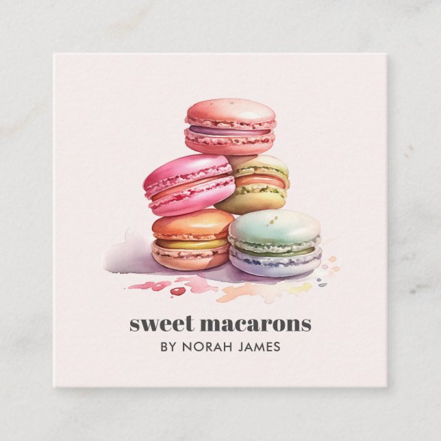 Tarjeta De Visita Cuadrada Acuarela Macarons francés Icono social de tarta du (Anverso)