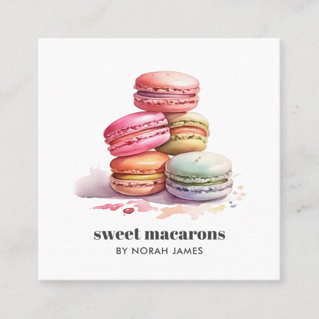 Tarjeta De Visita Cuadrada Acuarela Macarons Sweet Cake Social Icon QR CODE (Anverso)