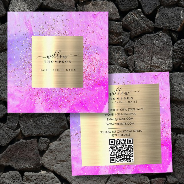 Tarjeta De Visita Cuadrada Acuarela Marble púrpura Faux Gold Purpurina QR Cód (Watercolor Purple Marble Faux Gold Glitter QR Code Square Business Card)