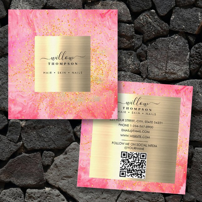 Tarjeta De Visita Cuadrada acuarela Marble rosa Faux Gold Purpurina QR Código (Watercolor Pink Marble Faux Gold Glitter QR Code Square Business Card)