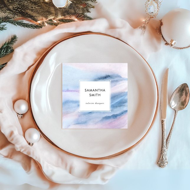Tarjeta De Visita Cuadrada Acuarela moderna Resumen Pastel Verde azulado rosa (Modern blue watercolor abstract background square business card)