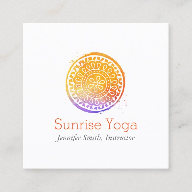 Tarjeta De Visita Cuadrada Acuarela naranja Mandala Yoga y Wellness (Anverso)