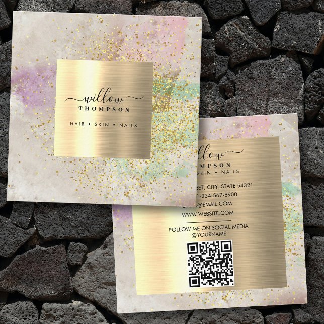 Tarjeta De Visita Cuadrada Acuarela Piedra Natural Faux Gold Purpurina QR Cód (Watercolor Natural Stone Faux Gold Glitter QR Code Square Business Card)