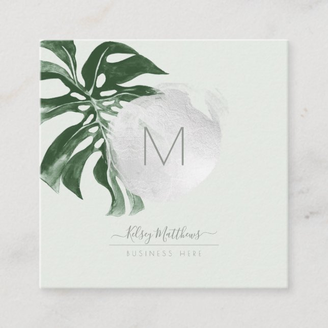 Tarjeta De Visita Cuadrada Acuarela PixDezines Foliage tropical Monstera (Anverso)