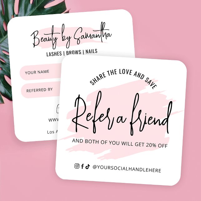 Tarjeta De Visita Cuadrada Acuarela Rosa Refiere A Una Remisión Del Salón De  (Pink aesthetic business referral cards with trendy watercolor motifs and customizable colors)