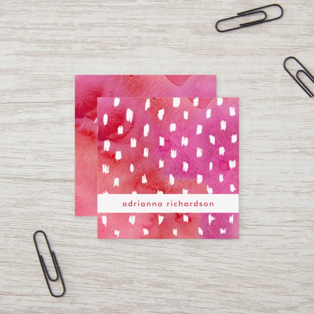 Tarjeta De Visita Cuadrada Acuarela rosada y roja de moda con los puntos (Anverso/Reverso In Situ)