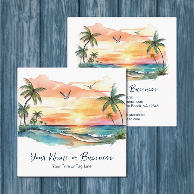 Tarjeta De Visita Cuadrada Acuarela Tropical Palm Tree Beach Sunset (Watercolor Tropical Palm Tree Beach Sunset Square Business Card)