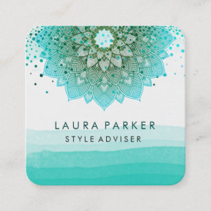 Tarjeta De Visita Cuadrada Acuarela turquesa Verde azulada Lotus Mandala Yoga