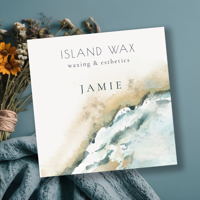 Tarjeta De Visita Cuadrada Acuario costero Blue Sea Waves Sand Beach Watercol (Subido por el creador)