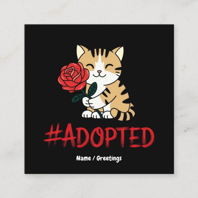 Tarjeta De Visita Cuadrada Adopted Cat Love Illustration with Rose (Anverso)