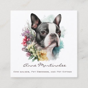 Tarjeta De Visita Cuadrada Adorable Boston Terrier y Flores Acuarela