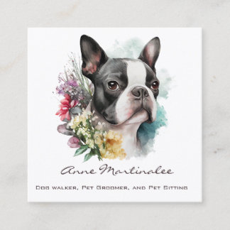 Tarjeta De Visita Cuadrada Adorable Boston Terrier y Flores Acuarela