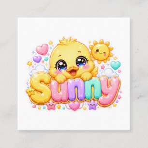 Tarjeta De Visita Cuadrada Adorable Kawaii Pollito Soleado Nombre Pastel Rosa